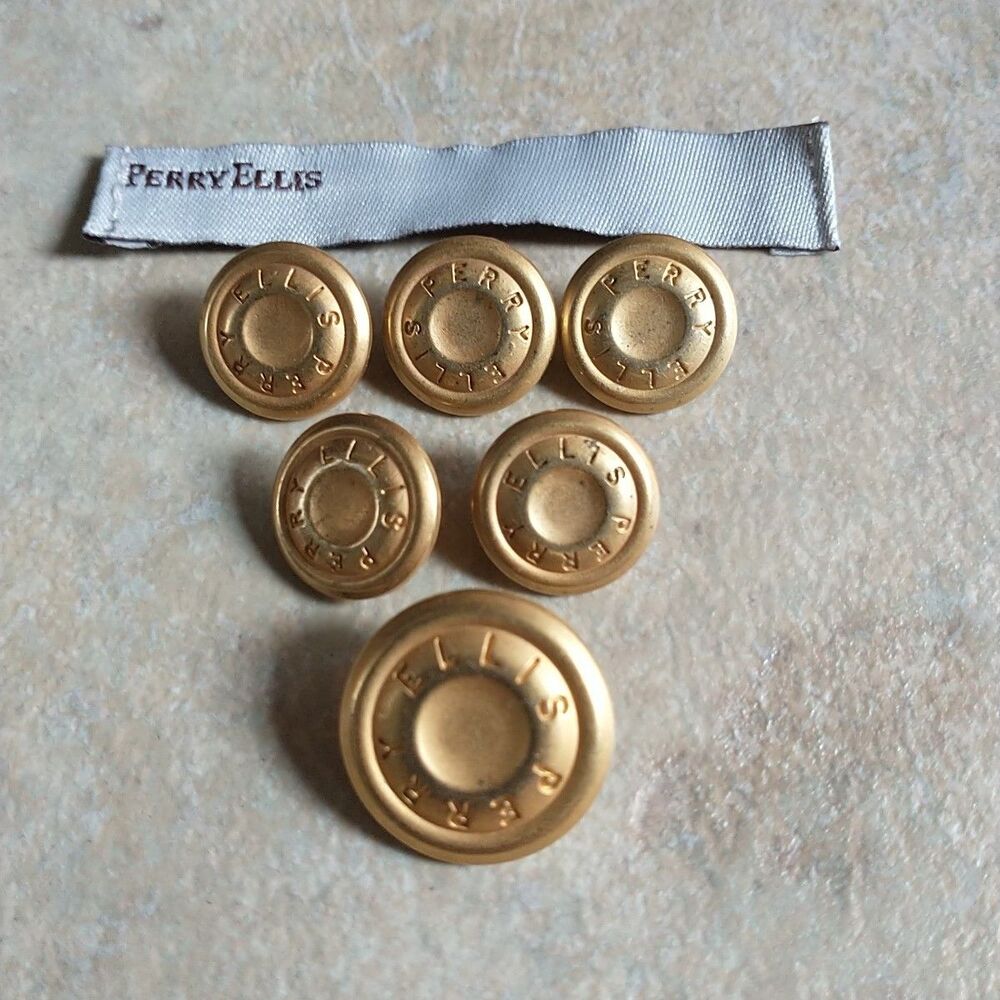 Perry Ellis Gold Tone Replacement Metal Shank Buttons Blazer Spell Out Set Of 6